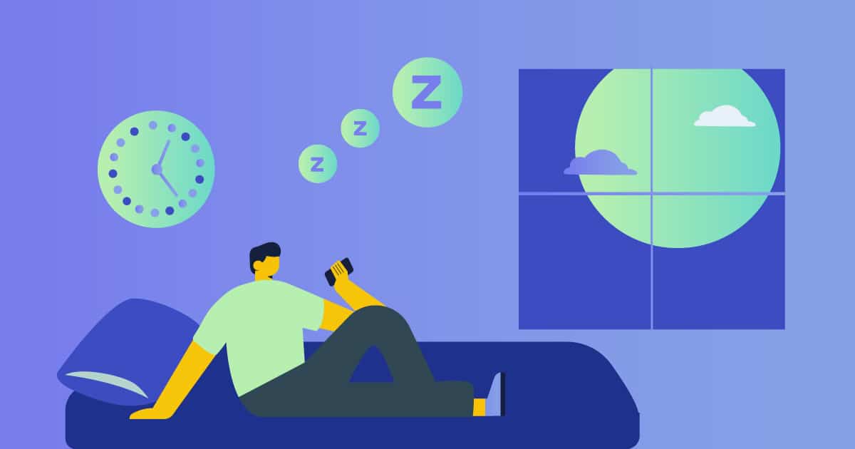Illustration of man reclining on bed looking at his phone.